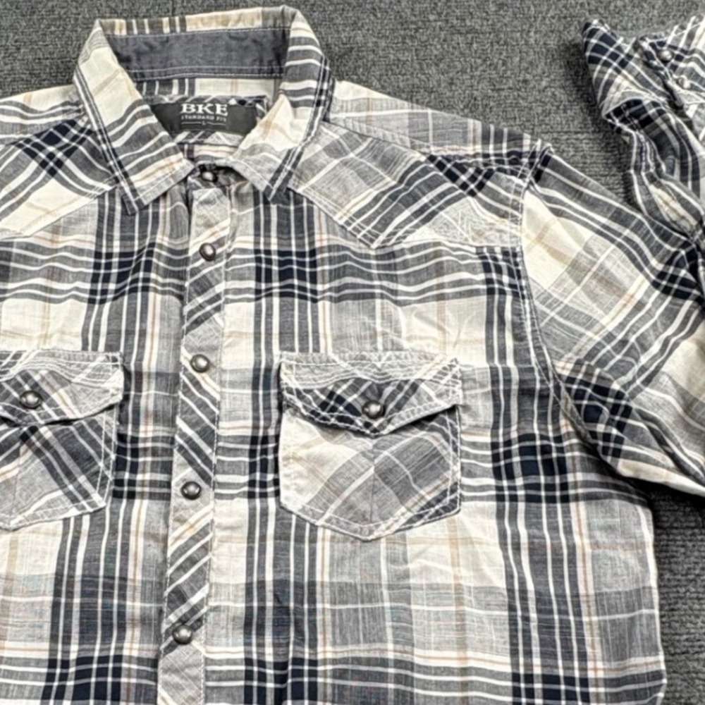 BKE Mens Plaid Western Pearl Snap Shirt Navy Tan Grey Standard Fit Large